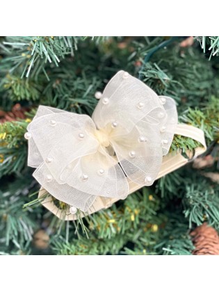 Girl Ivory Organza Bow Headband with Pearls