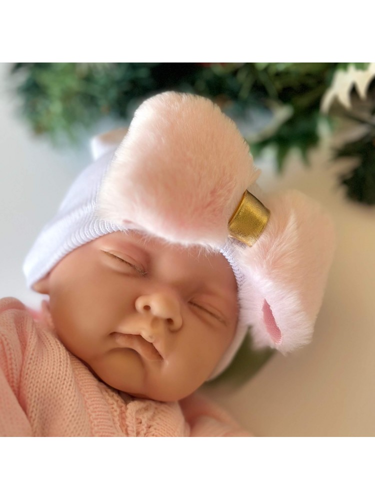 Newborn Hat for Baby Girl with Fluffy Pink Bow