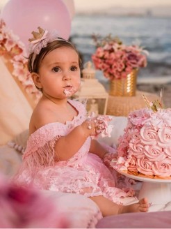 Baby Girl First Birthday Pink Lace Dress