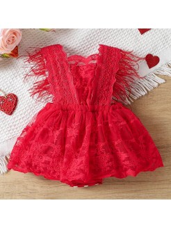 Red Lace Feather Sleeves Dress
