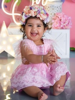 Baby Girl First Birthday Lace Dress with Feathers