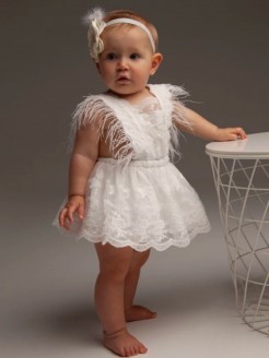 White Feather 1st Birthday Dress for Baby Girl