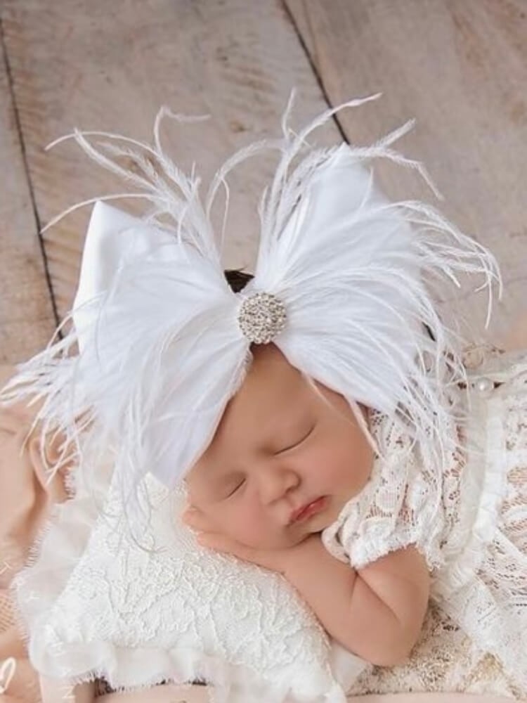 Baby Girl Christening Big White Bow Headband with Feathers