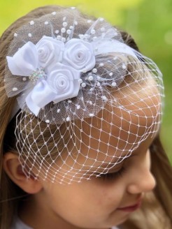 Handmade Baby Girl Christening Fascinator Headband With Roses and Birdcage Netting