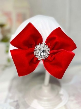 Newborn Hospital Hat For Girl Red Velvet Crystal Bow