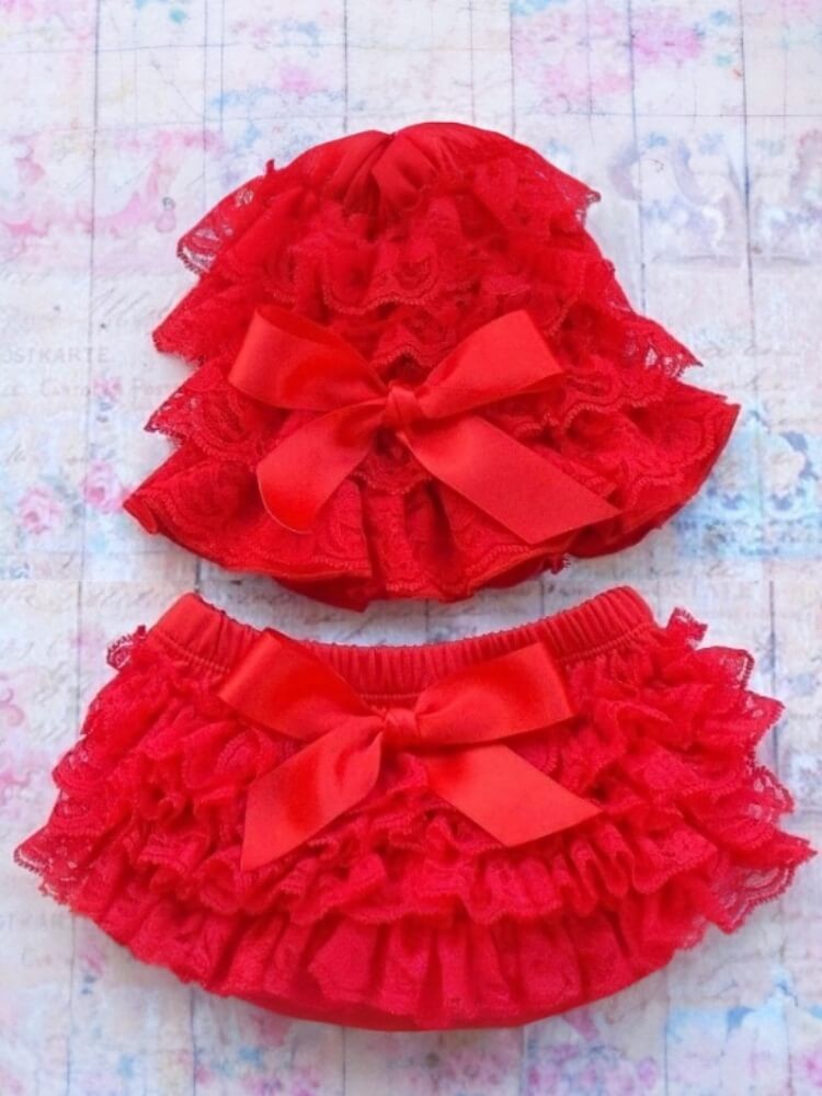 Baby Girl Red Ruffle Bloomer With Hat Set