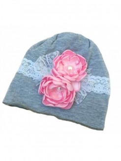 Baby Girl Cotton Hat Grey With Pink Flowers