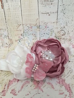 Baby Girl Handmade Headband Vintage Pink With White