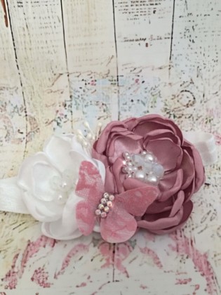 Baby Girl Handmade Headband Dusty Pink With White