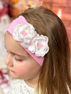Cotton Baby Girl Headband Pink With Pearl Flowers