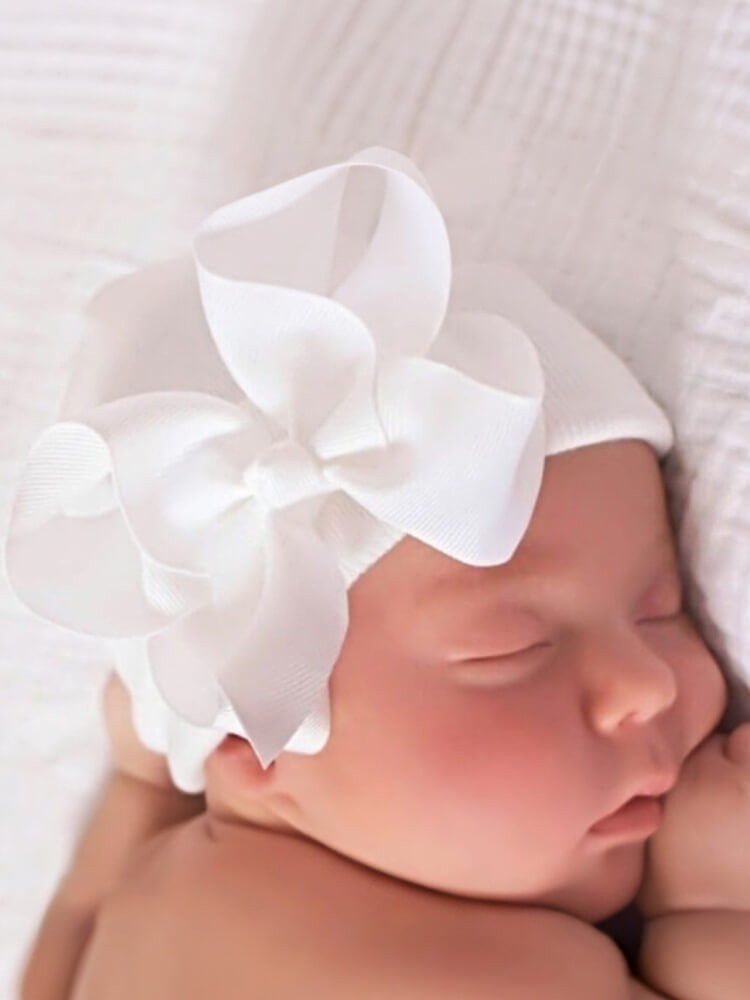 Newborn Baby Girl Hospital Hat White Boutique Bow