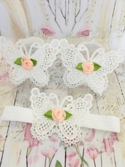 Baby Barefoot Sandals Lace Butterfly with peach rose