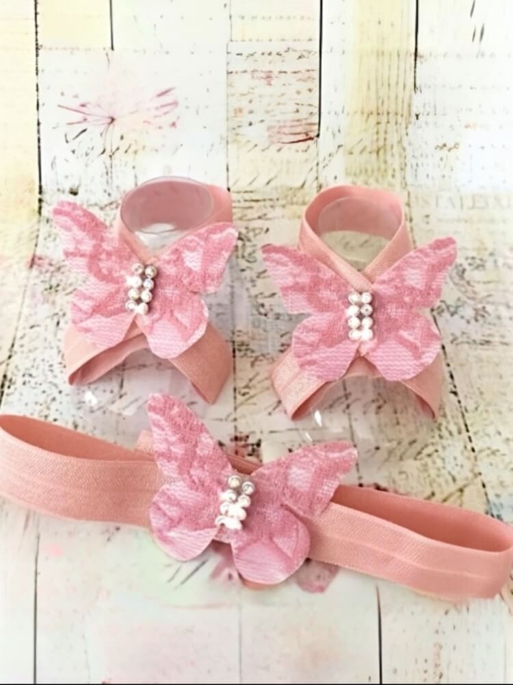 Baby Girl Barefoot Sandal Shoes and Headband set Dusty Pink Butterflies