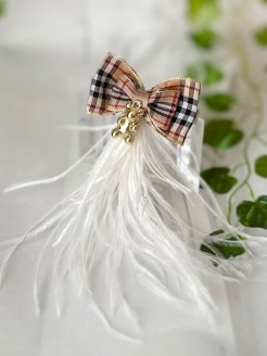 Feather Hair Clip Plaid Bow with Teddy Bear