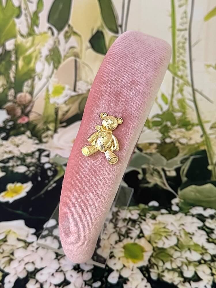 Dusky Pink Velvet Alice Band with Gold Teddy Bear