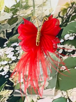 Feather Hair Clip with Red Organza Butterfly