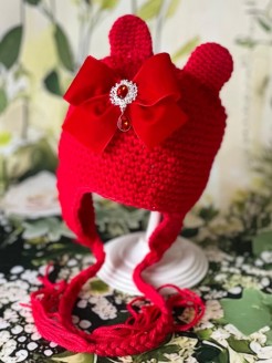 Baby Girl Red Winter Hat with Crystal Bow